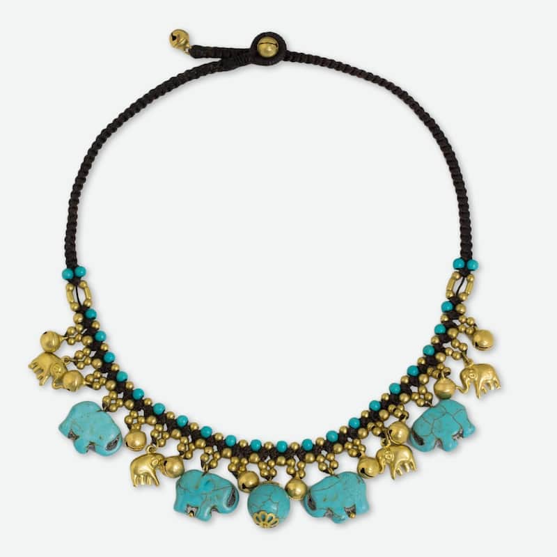 NOVICA Handmade Brass 'Blue Elephant Charm' Calcite Necklace (Thailand)