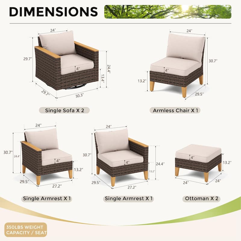 10 Piece Patio Wicker Rattan Furniture Set, Half-Moon Rattan Conversation sets with 2 X Swivel Chair Sofa and Firepit Table