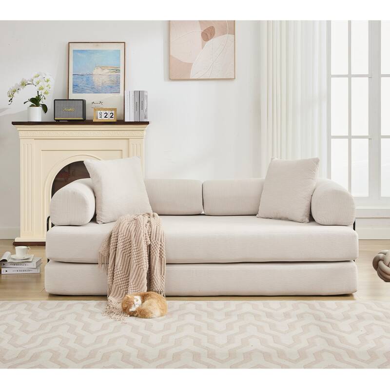Folding Couch Convertible into King Size Floor Bed, 4-in-1 Corduroy Sleeper Sofa Bed with Moved Armrests and Non-Slip Pad