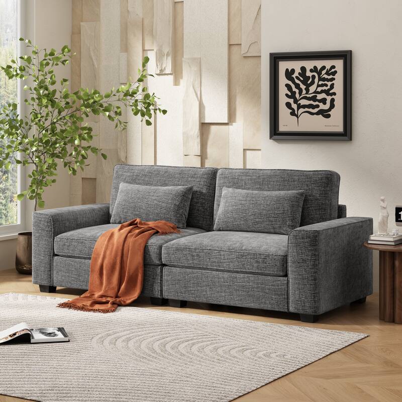 Modern Fabric Loveseat with Plush Cushions and 2 Pillow Upholstered Deep Seat Sofa, Solid Wood Frame Lounge Couch - Grey