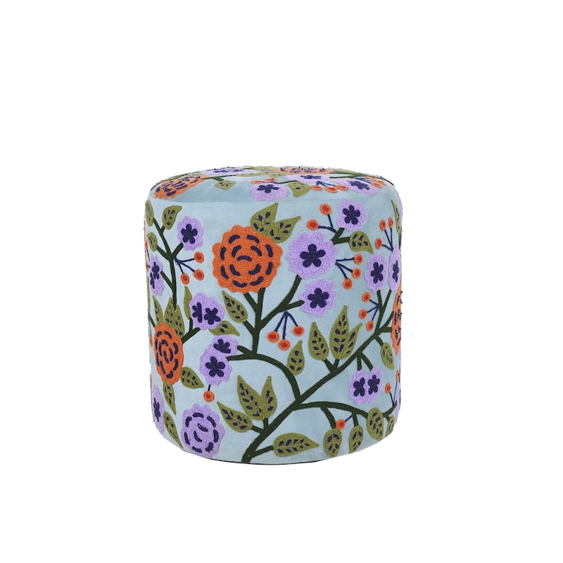 Handmade Floral Embroidered Round Pouf Ottoman - 18" - Blue and Orange