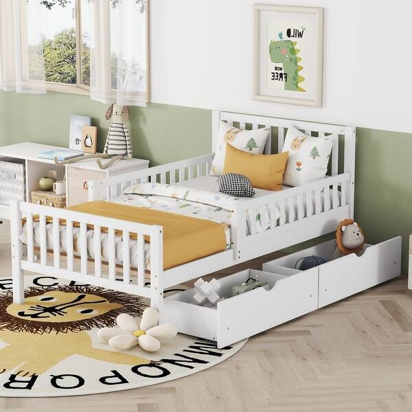 slide 2 of 52, Wood Platform Bed with 2 Storage Drawers & Both Sides Guardrails, Storage Bed Frame for Bedroom, Guest Room White - Twin