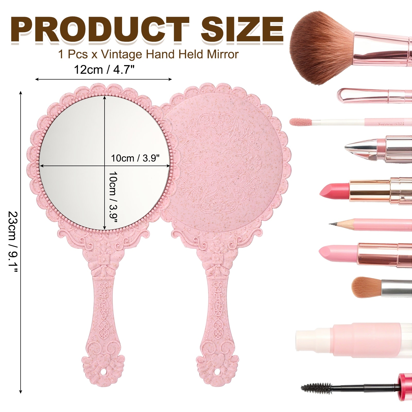 Vintage Hand Held Mirror, Embossed Design Portable Hand Vanity Mirrors Single Side with Hook Hole for Bathroom(Round)