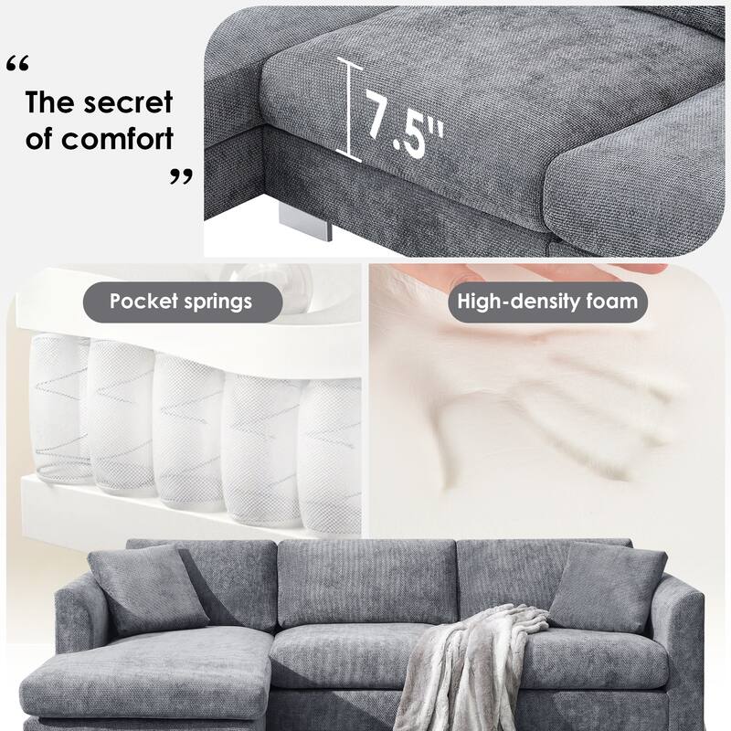 L-Shaped Sectional Sofa with Chaise Lounge, Oversized Chenille Upholstered Sofa, 4 Seater Sofa with 2 Throw Pillows