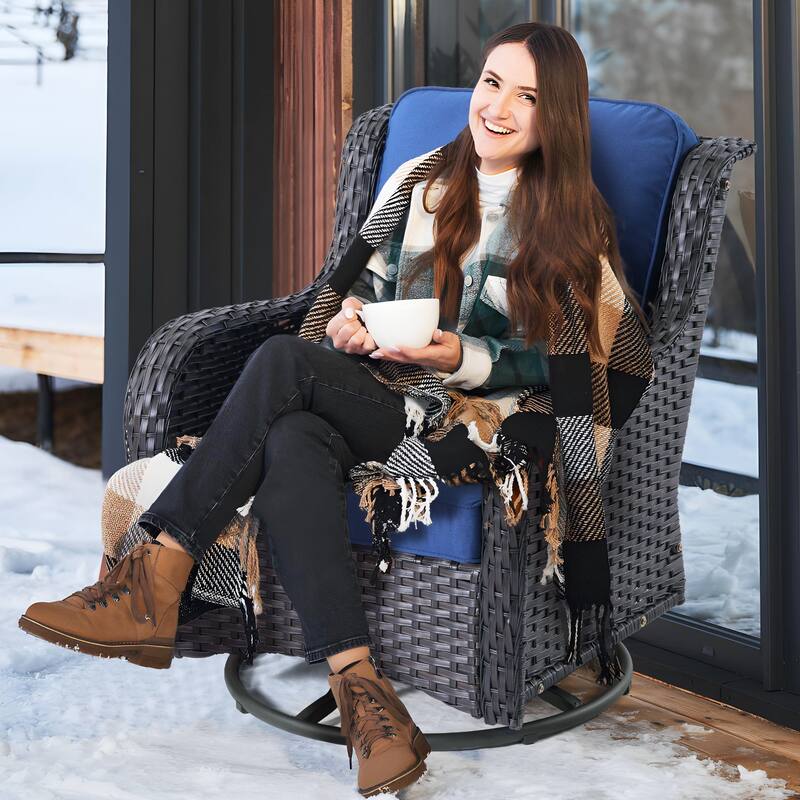 OVIOS 9-piece Patio Wicker Swivel Rocking Chair Set With Fire Pit