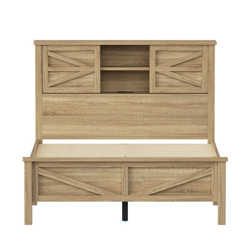 Rustic Platform Bed 3-Pieces Bedroom Sets with Storage Nightstand and Dresser, Wooden Platform Bed with Charging Station