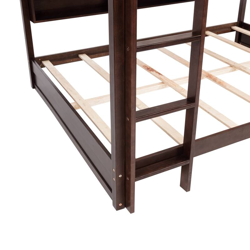 Bunk Bed with Built-in Storage Cabinets and Charging Station,Queen Over Queen