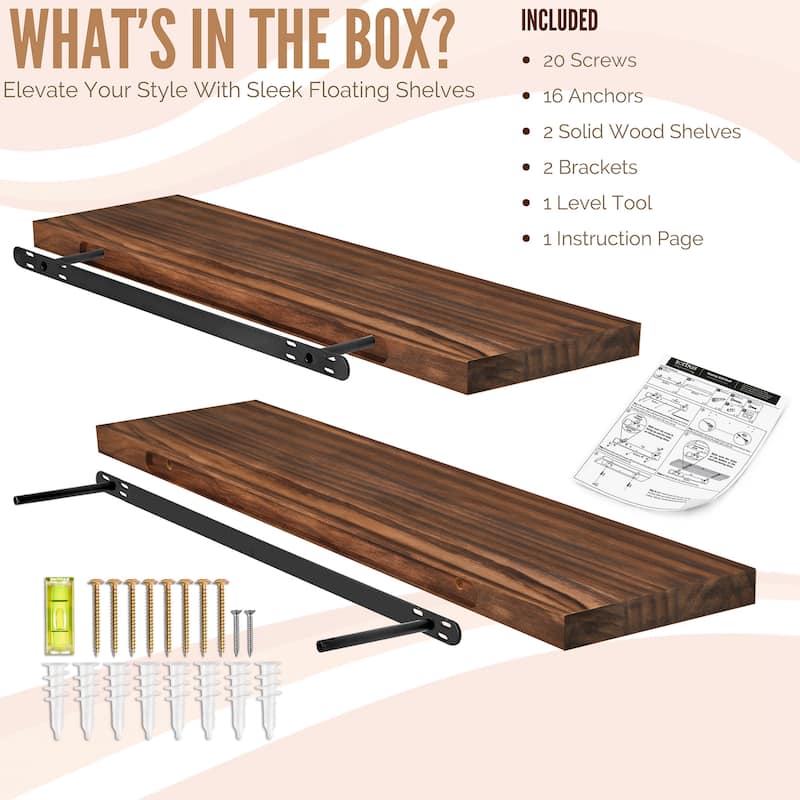 Solid Wood Floating Shelves for Wall - Long Wooden Wall-Mounted Shelves - 9” L X 35"W X 1.2” H