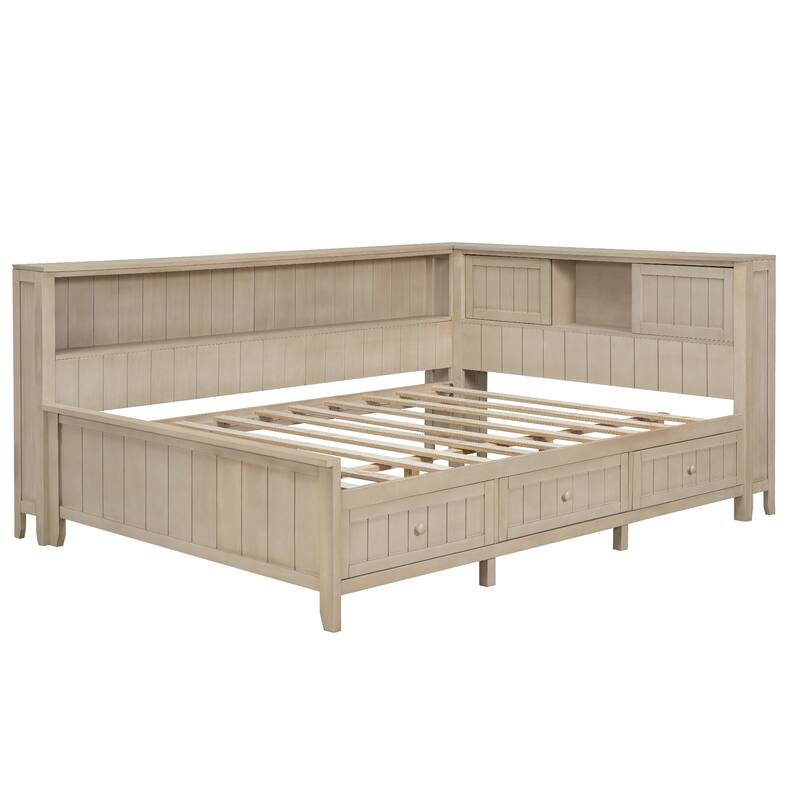 Sturdy Wood Platform Frame Daybed with Storage Shelves and 3 Drawers, Space-Saving Design for Bedroom or Guest Room