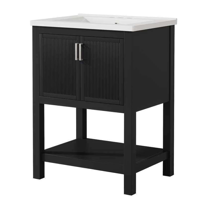 24" Single Bathroom Vanity with Ceramic Sink, Solid Rubberwood Frame & Open Storage Shelf