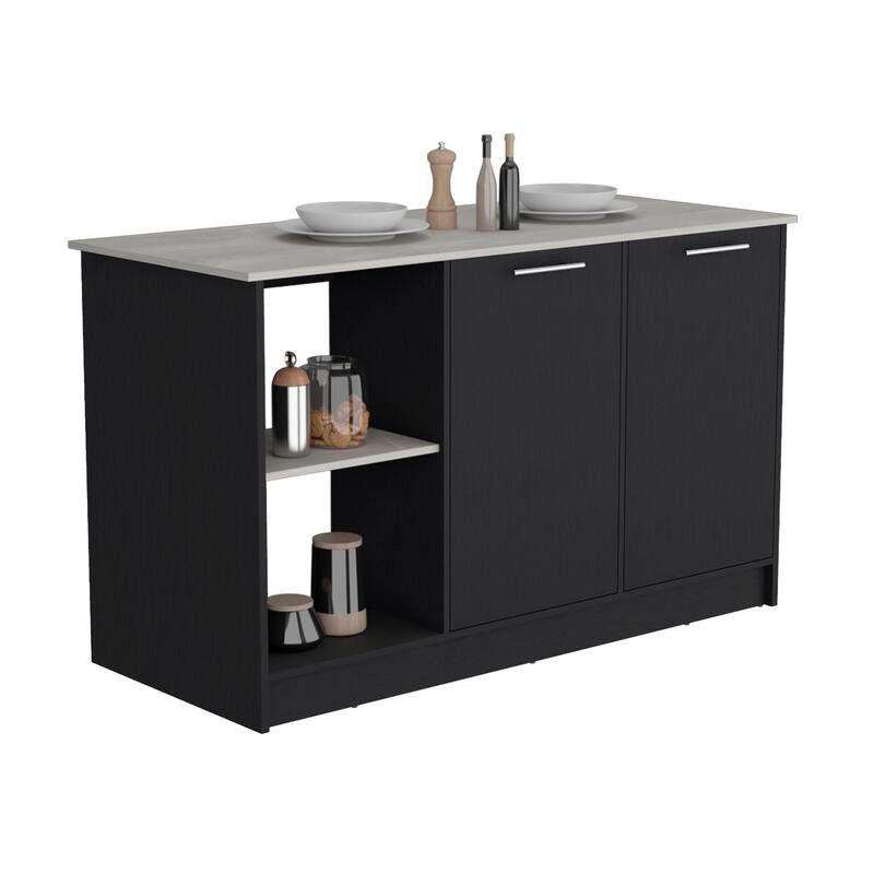 Kitchen Island with Large Countertop, Open Storage Shelves and Double Door Cabinet