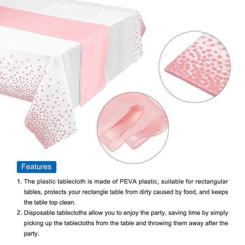 Pink Table Runner w White Plastic Tablecloth 54x108" Pink Dots 1Set - White+Pink