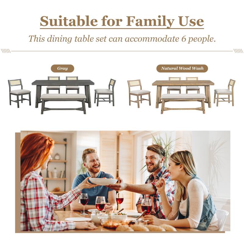 6-piece Retro Farmhouse Style Dining Set, Rectangular Table and 4 Upholstered Chairs with Rattan and Bench