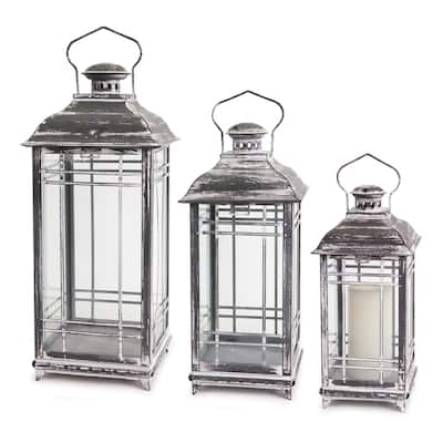 Set of 3 Mission Style Pillar Candle Lanterns with White Finish 20