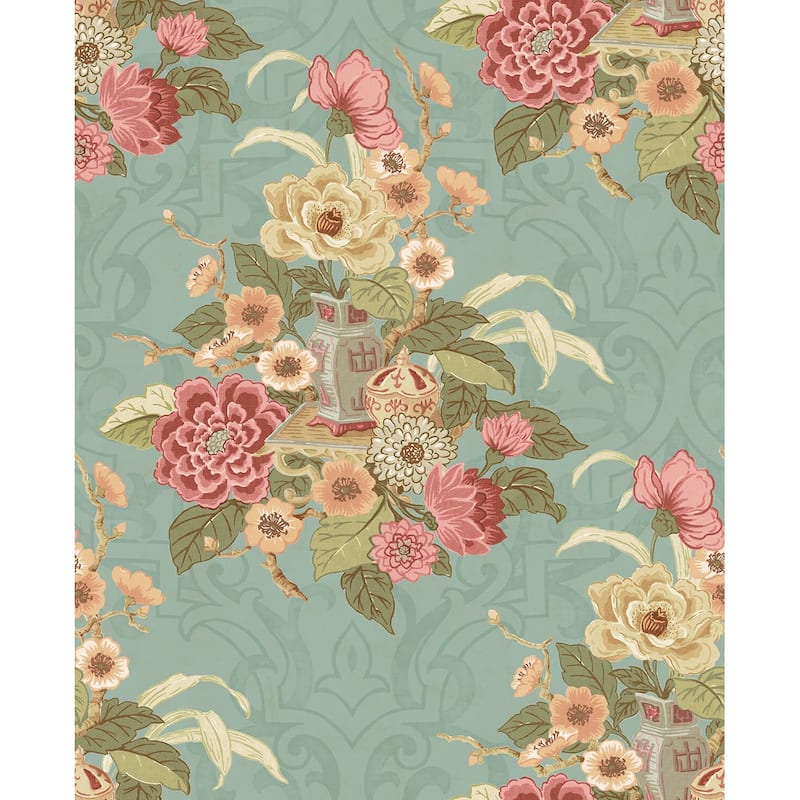 Seabrook Designs Koi Dynasty Floral Unpasted Wallpaper - 20.5 in. W x 33 ft. L - Metallic Blue Mist