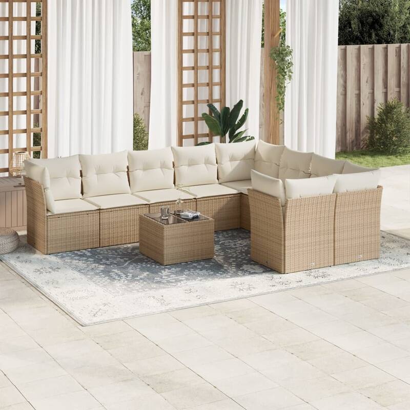 vidaXL Garden Sofa Set Beige Poly Rattan 10 Piece Set Adjustable Feet - 21.7 x 21.7 x 14.6