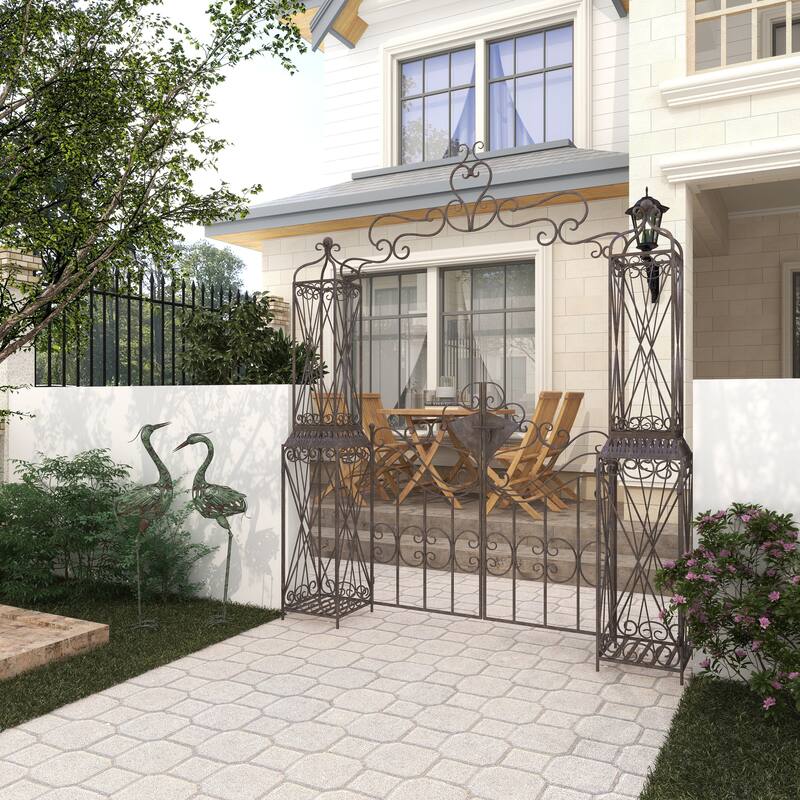 Black Metal Indoor Outdoor Scrollwork Arched Gate Garden Arbor with Pillars and Latch Lock Closure