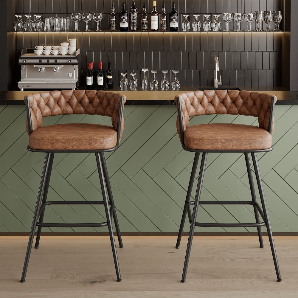 VECELO Counter Height Bar Stools with Woven Backrest 26.77" Seat Height Mid-Century Modern Upholstered Bar Chairs for Kitchen