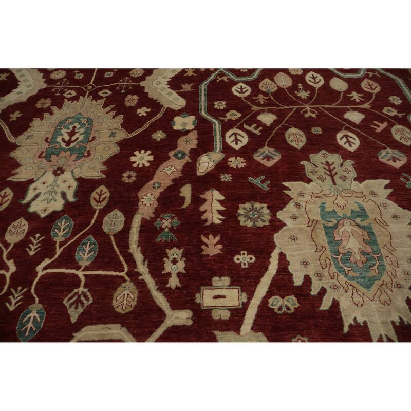 Hand Knotted Oriental 100% Wool Carpet Transitional Floral Red Oushak Area Rug - 12' 0'' X 9' 0''