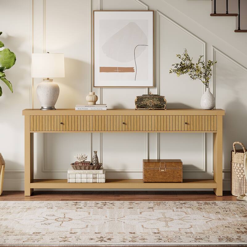Industrial Wood Console Sofa Table with 3 Drawers for Entryway