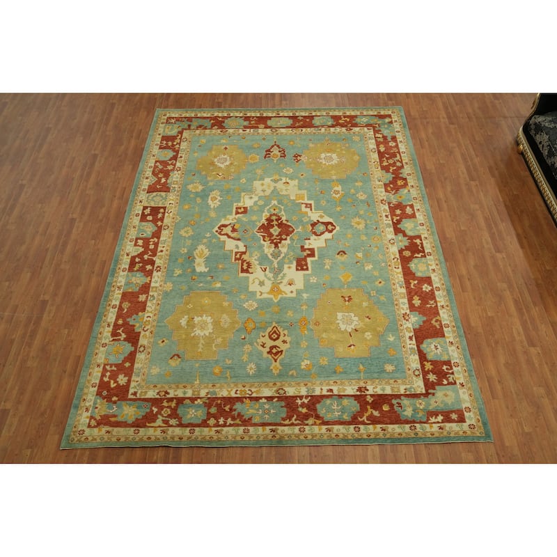 Handmade Blue Oushak Vegetable Dye Area Rug, Medallion Geometric Carpet - 13' 5'' X 10' 2''