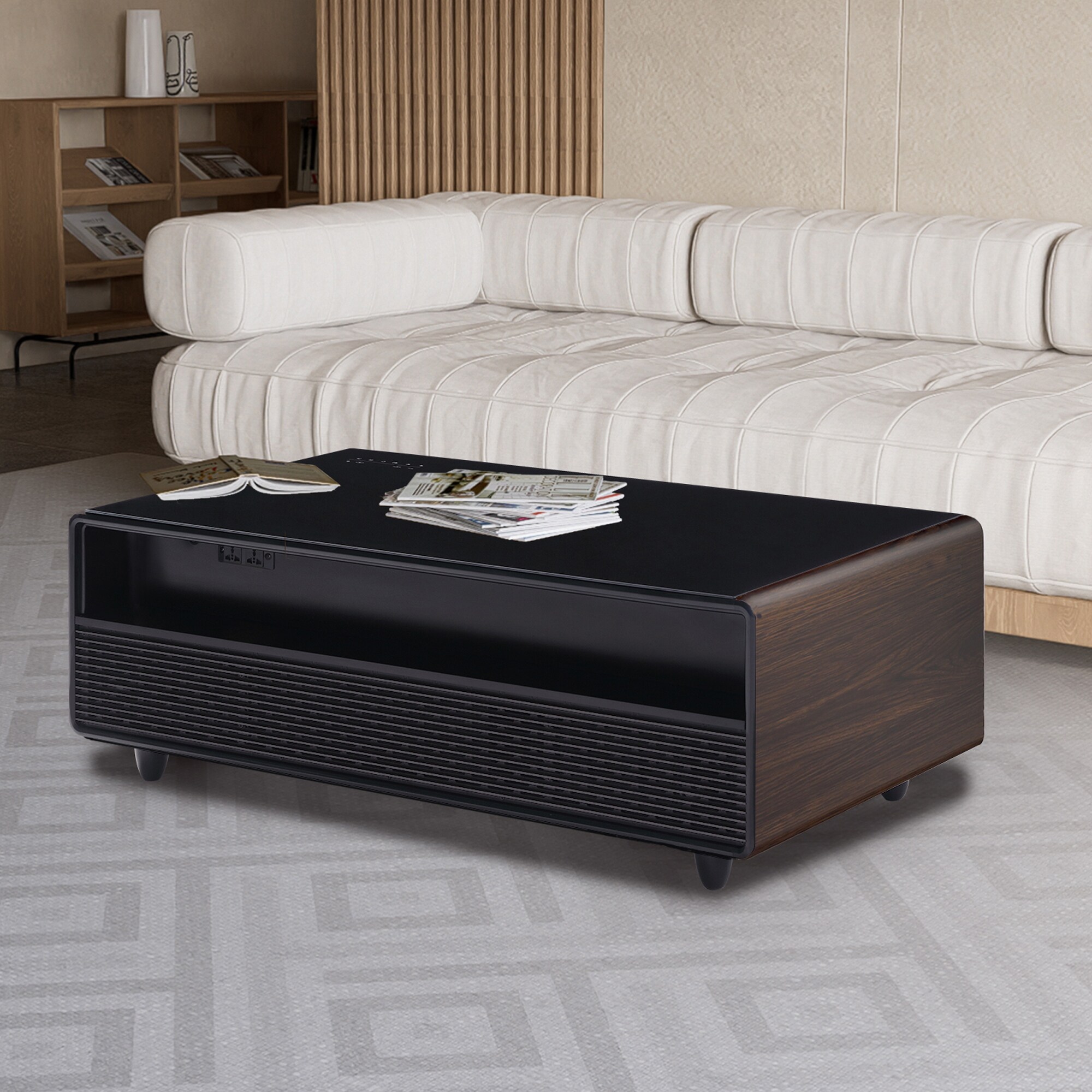 Modern Smart Coffee Table with Built in Fridge Bluetooth Speaker Wireless Charging Module Touch Control Panel USB Interface Bed Bath Beyond 38375273