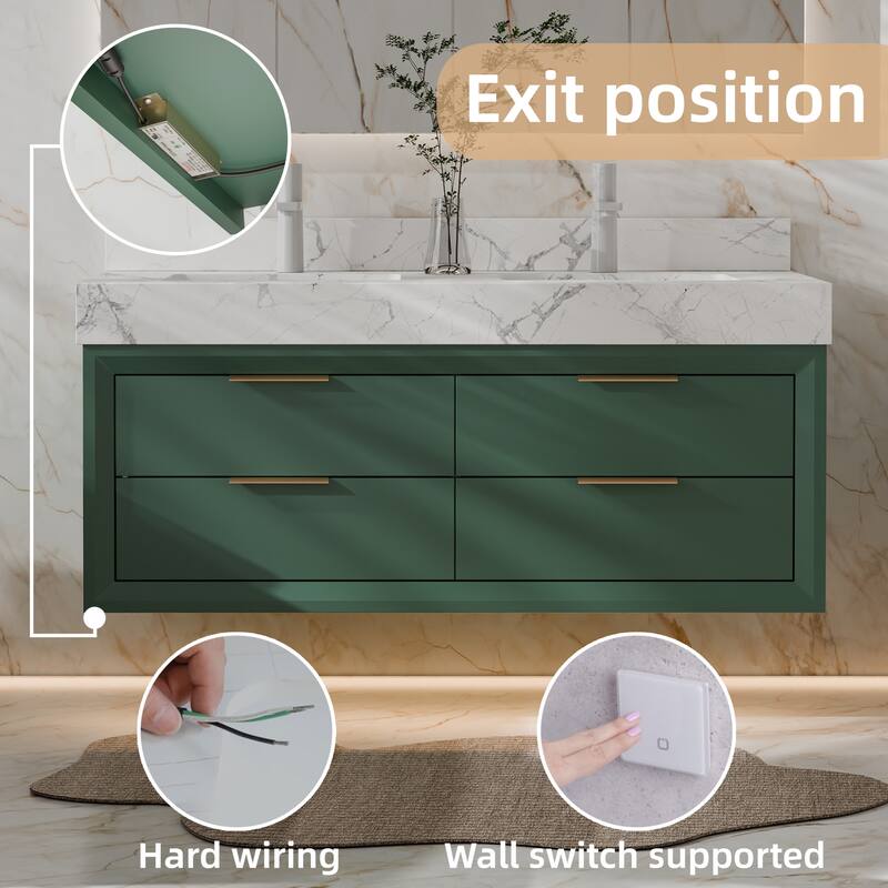 Modland 48" Wall-Mount Double Vanity with LED Light & 6 Drawers - Solid Oak, White / Green - 48 inch