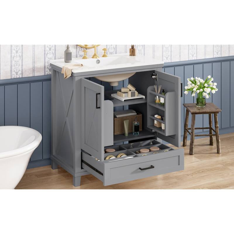 Bathroom Vanity with Sink, Freestanding Bathroom Storage Cabinet, Bathroom Cabinet with 2 Soft-Close Doors & 1 Divided Drawer