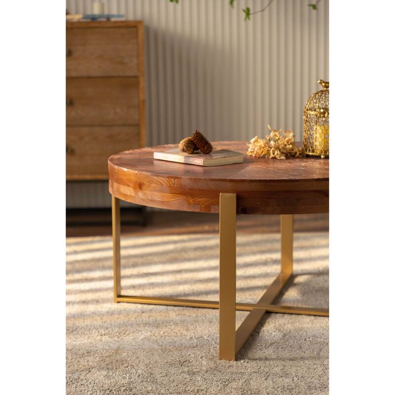Modern Center Table Cross Wood Grain Splicing Coffee Table Round Gold