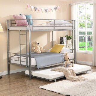 Silver Twin over Twin Metal Bunk Bed with Trundle and Fence