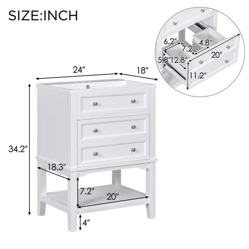 24 Inch MDF Freestanding Bathroom Vanity Set in White Integrated Ceramic Sink - 24" x 32" in.