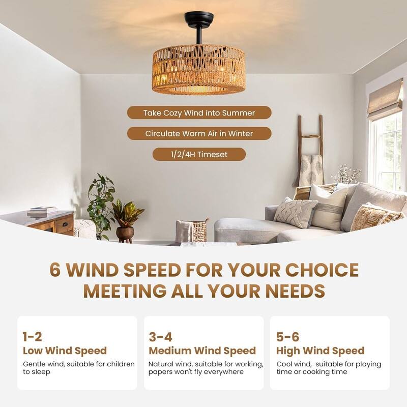 18 in. Boho Caged Ceiling Fan with Light Rattan Farmhouse Fandelier Low Profile Ceiling Fan for Bedroom Kitchen Living Room