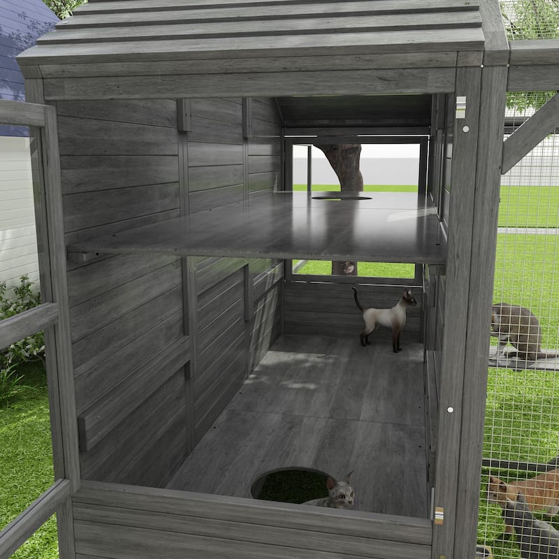 Large Outdoor Wooden Chicken Coop & Cat Enclosure with Run, 2 Colors Pet Cage