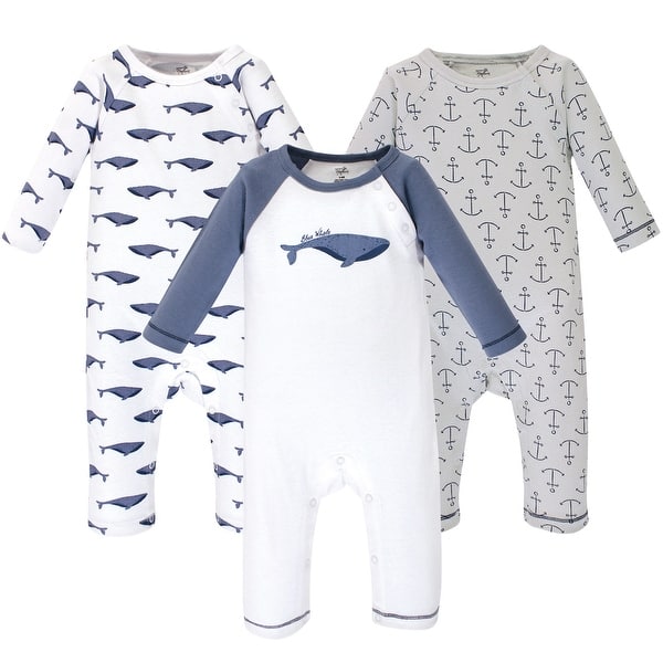 slide 1 of 1, Touched by Nature Baby Organic Cotton Coveralls 3pk, Blue Whale 0-3 Months - Blue Whale