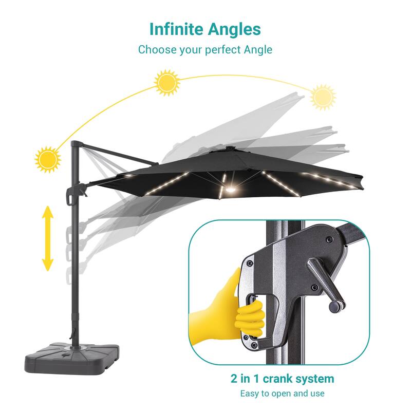 11FT Solar LED Patio Cantilever Umbrella With Resin Base by Bonosuki