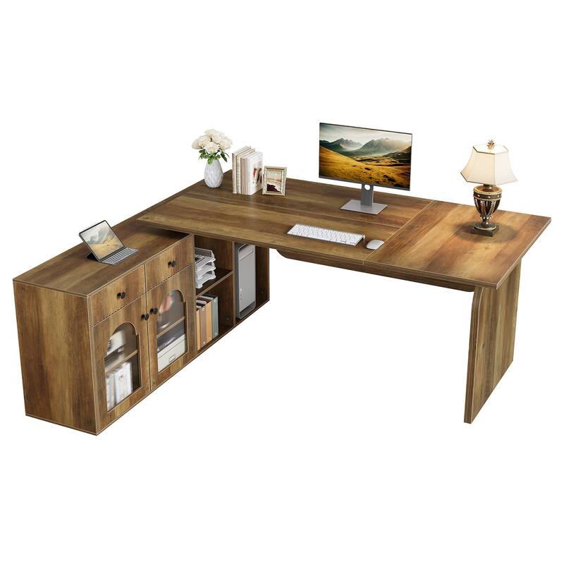 L Shaped Desk, 71-Inch Executive Office Desk with File Cabinet
