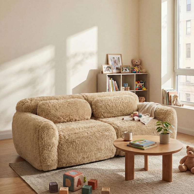 Homy Casa Light Khaki Modular Sectional Sofa, Soft Plush Fabric Cloud Couch with Anti-Slip Base & Decorative Pillows