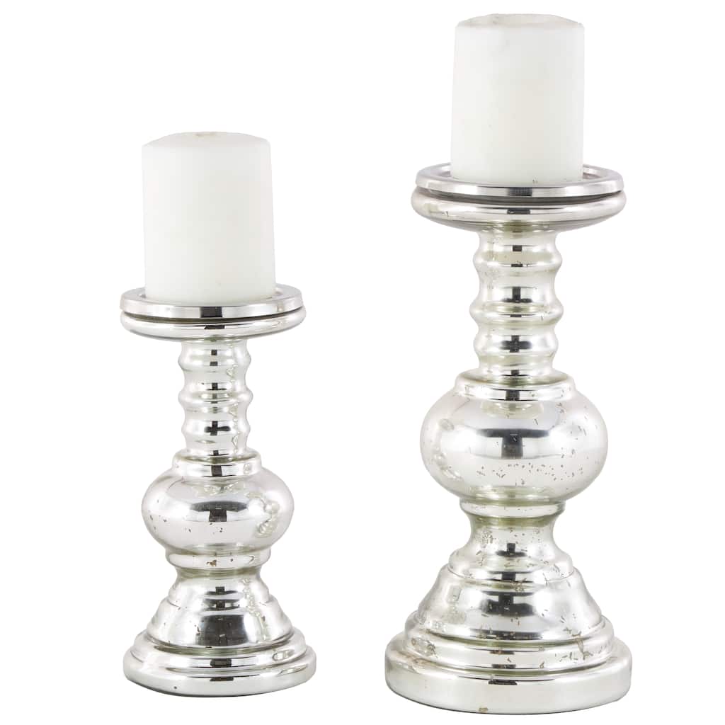 Glass Handmade Turned Style Pillar Candle Holder - Set of 2 Silver - Roche River Decor - 6"W x 6"L x 12"H