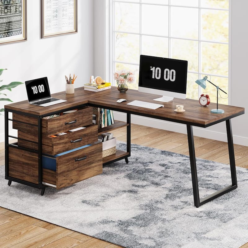 63"Computer Desk with 8 Drawers and Reversible File Cabinet, Office Desk with Storage, Large Workstation for Home Office