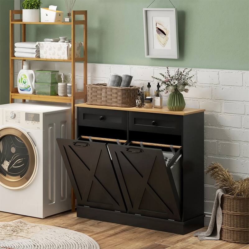 Black Tilt-Out Laundry Cabinet with Dual Hampers & Top Drawers MDF, Compact, Multi-Use - 39.4" L x 13" W x 35.4" H