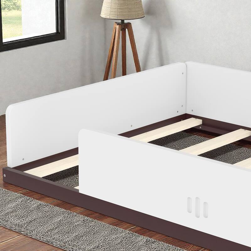 Kids Car Floor Bed with Storage Drawers and Desk, Car-Shaped Wood Floor Bed with Window, Twin Full Sizes