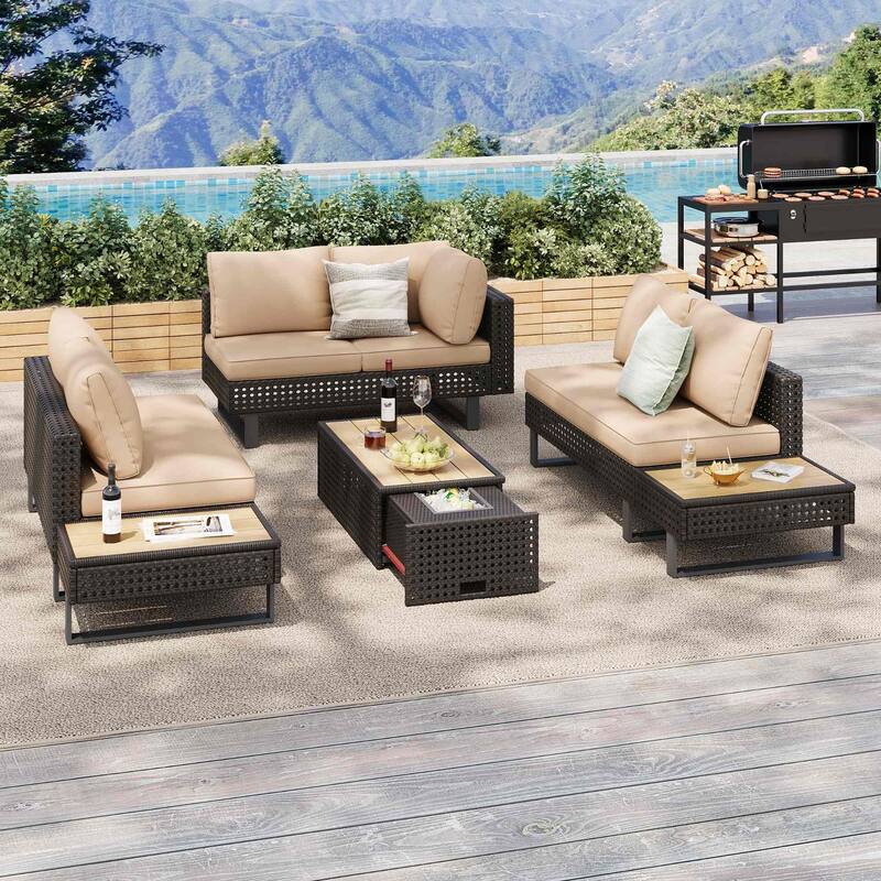 6-Person Diamond Weave Patio Sectional with Ice-Bucket Coffee Table