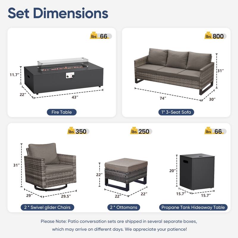 Pocassy 7-Piece Patio Sofa Swivel Chair Ottoman with Fire Table