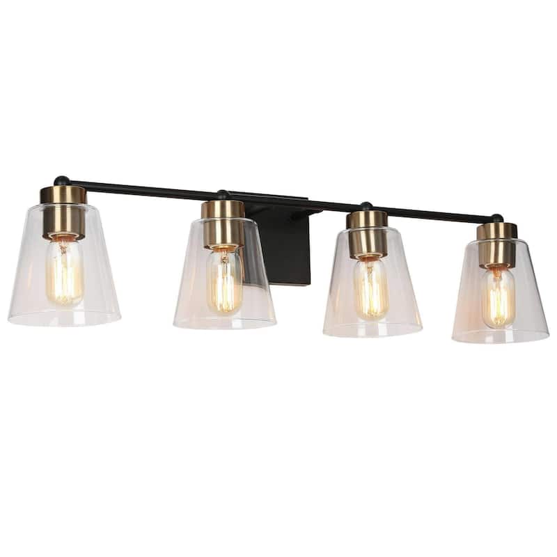 Airielle Black Gold 4-Lights Bathroom Vanity Lights Modern Farmhouse Wall Lamps with Cylinder Glass Shade
