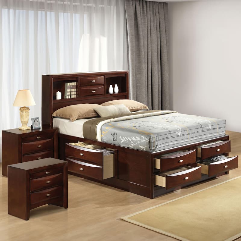 Furniture of America Brent 3-Piece Wood Platform Bedroom Set with Drawers and Bookcase Headboard - Dark Cherry - Queen