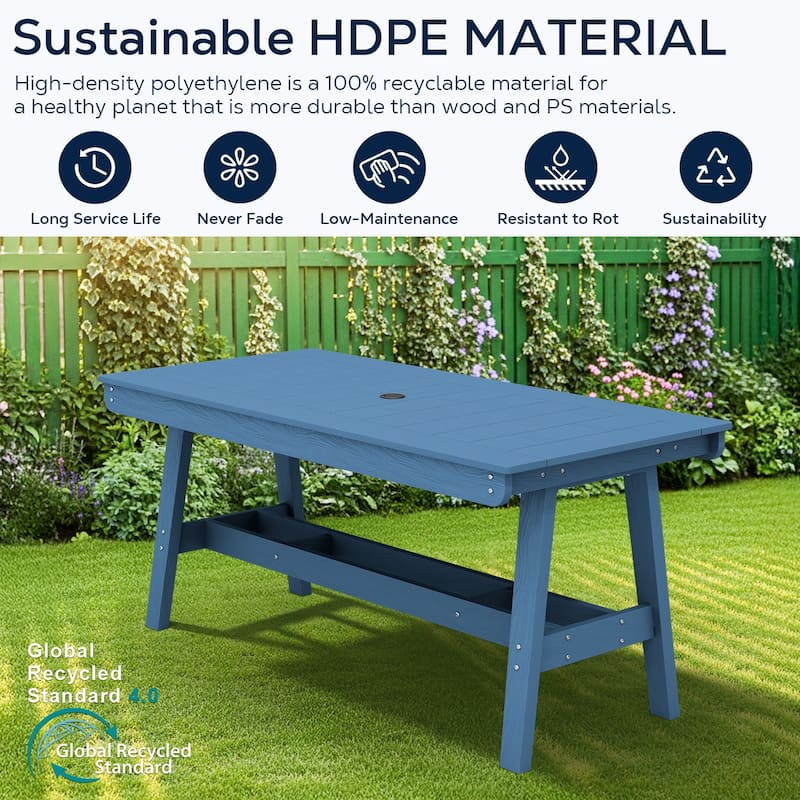 67.91in HDPE Rectangular Patio Dining Table with Umbrella Hole for 4 to 6 People - N/A