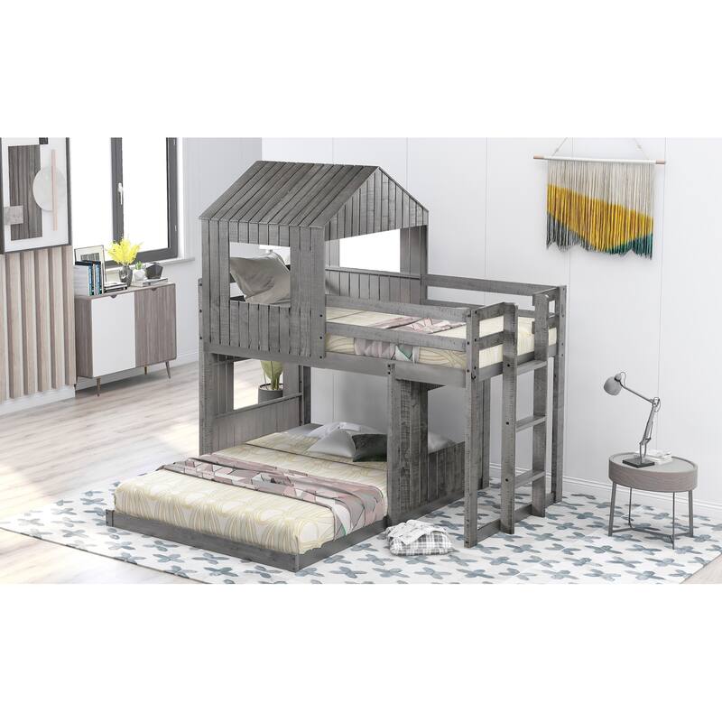 Twin Over Full Bunk Bed with Playhouse, Farmhouse Design, Ladder and Guardrails, Antique Gray