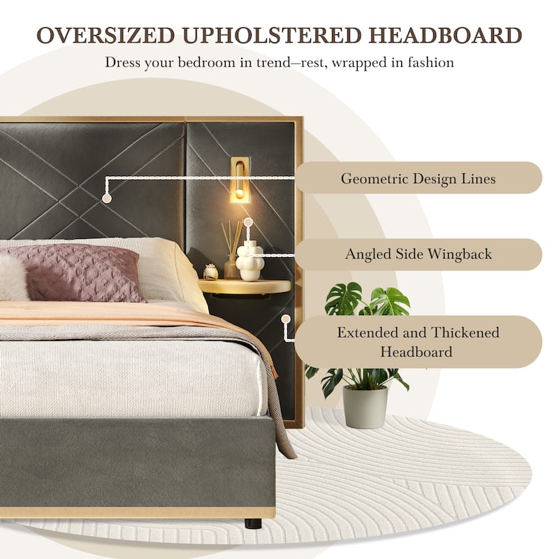 Christopher Knight Home - Voss Velvet Upholstered Bed with 2 Built-in LED Lights and 2 Storage Side Panels