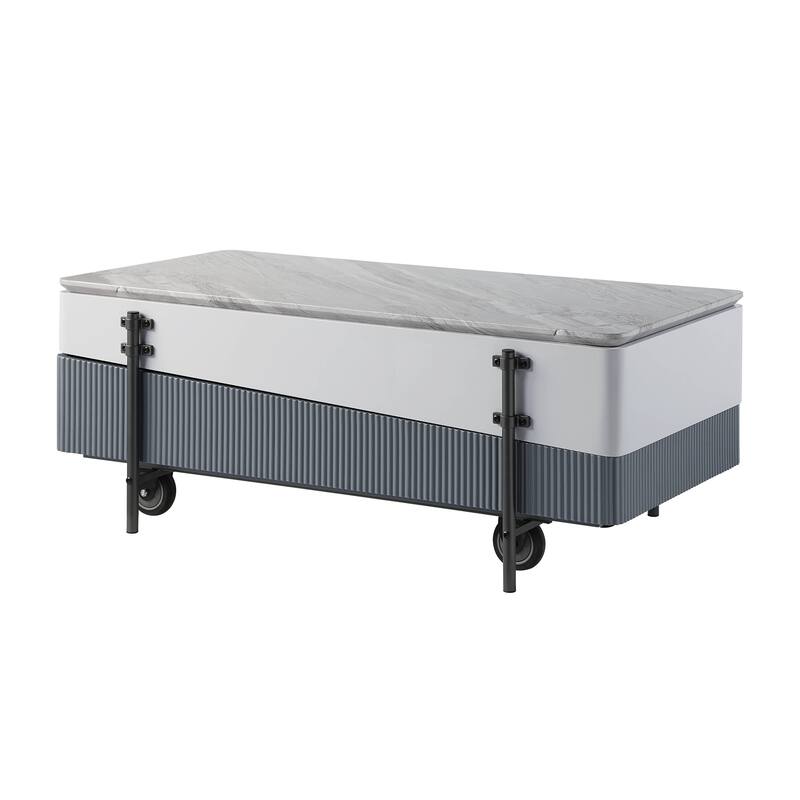HomeRoots 47" Gray White and Black Faux Marble Wood and Steel Lift Top Coffee Table - 47.00 in. x 18.00 in. x 26.00 in.