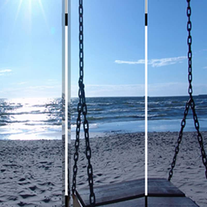 Wooden 3 Panel Room Divider with Seaside Screen Pattern, Blue and Gray